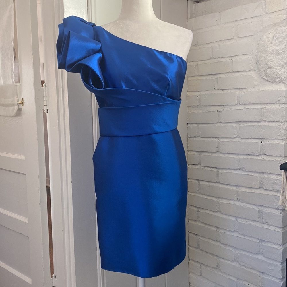 NWOT Marchesa Royal Blue Silk One shoulder Cocktail Mini Dress